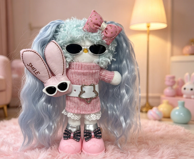 Kitty Fashion Doll Plush Keychain - Long-Leg Curly-Hair Bag Charm (15cm)
