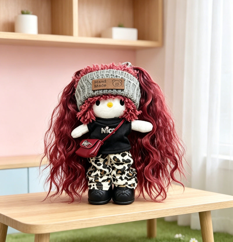 Kitty Fashion Doll Plush Keychain - Long-Leg Curly-Hair Bag Charm (15cm)
