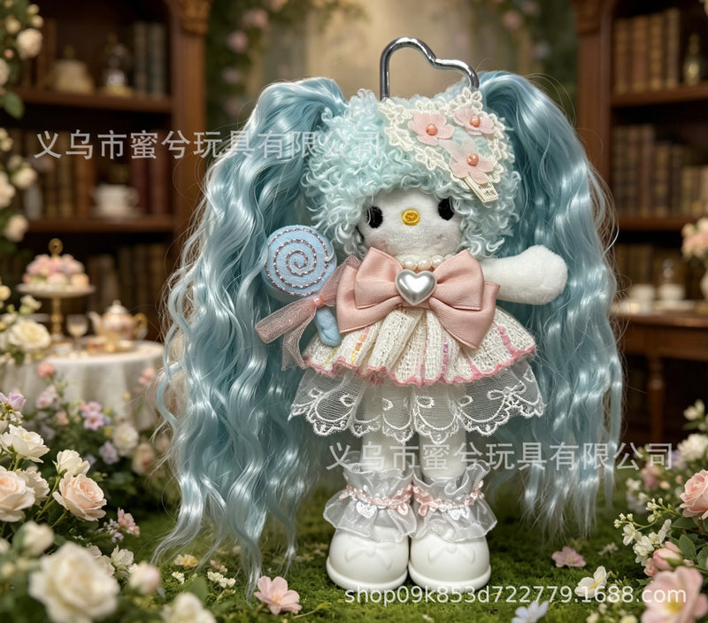 Kitty Fashion Doll Plush Keychain - Long-Leg Curly-Hair Bag Charm (15cm)