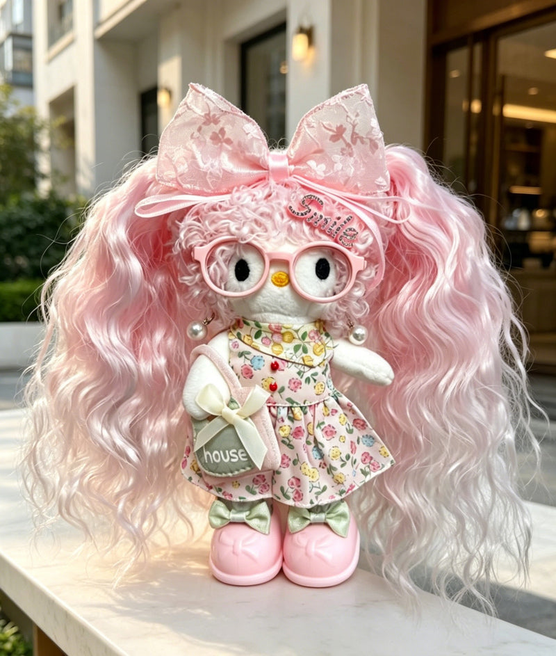 Kitty Fashion Doll Plush Keychain - Long-Leg Curly-Hair Bag Charm (15cm)