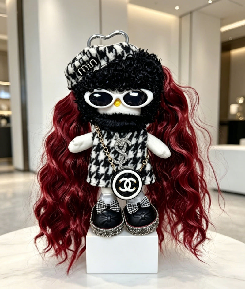 Kitty Fashion Doll Plush Keychain - Long-Leg Curly-Hair Bag Charm (15cm)