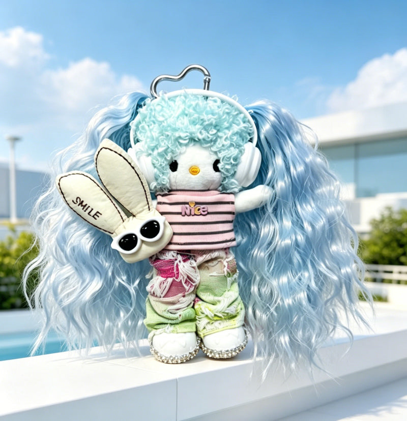 Kitty Fashion Doll Plush Keychain - Long-Leg Curly-Hair Bag Charm (15cm)