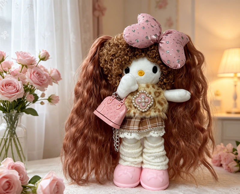 Kitty Fashion Doll Plush Keychain - Long-Leg Curly-Hair Bag Charm (15cm)