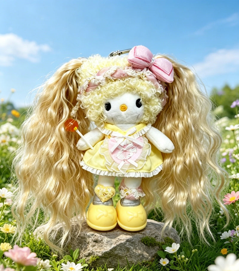 Kitty Fashion Doll Plush Keychain - Long-Leg Curly-Hair Bag Charm (15cm)