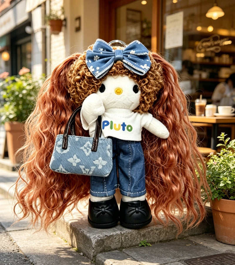 Kitty Fashion Doll Plush Keychain - Long-Leg Curly-Hair Bag Charm (15cm)
