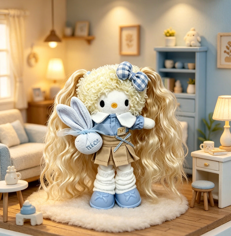 Kitty Fashion Doll Plush Keychain - Long-Leg Curly-Hair Bag Charm (15cm)