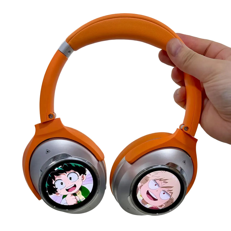 Orange Dual-Screen headphones with different artwork visible on the two earcup screens
