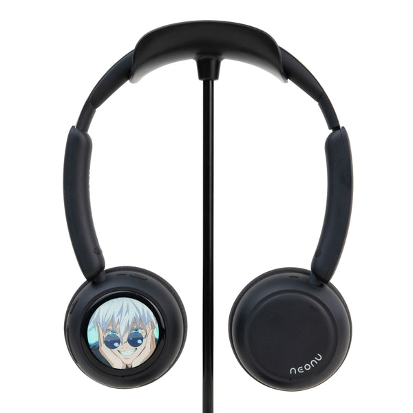 Black Custom Anime Display Headphones showing Satoru Gojo artwork on the customizable screen