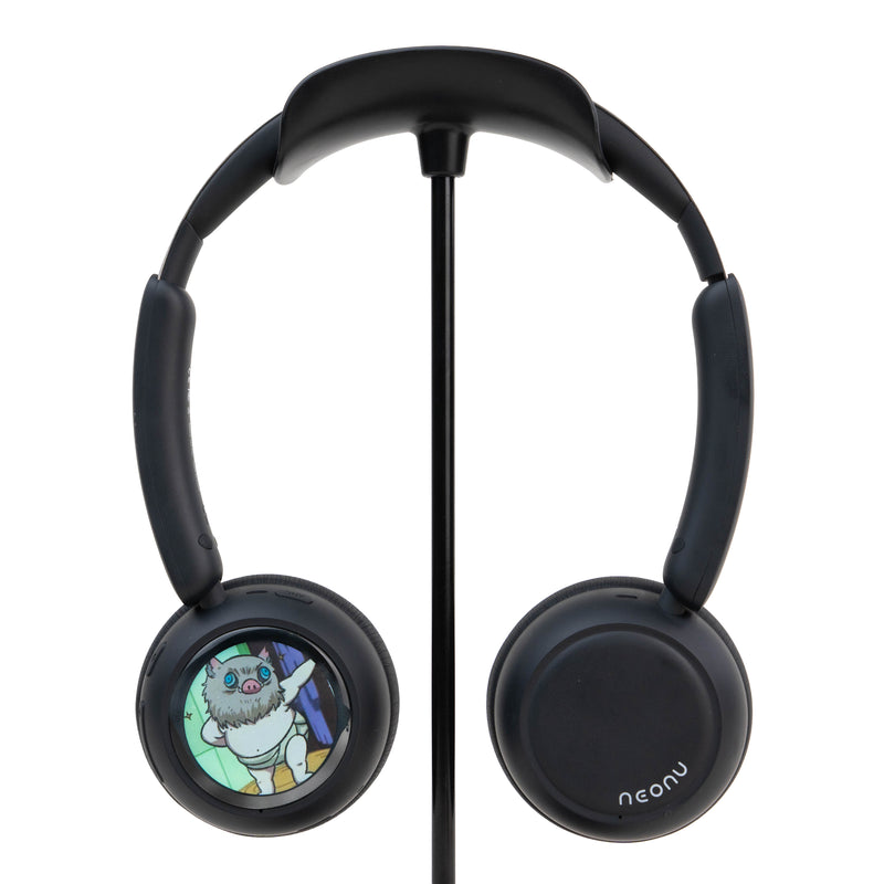 Black Custom Anime Display Headphones showing Inosuke Hashibira artwork on the customizable screen