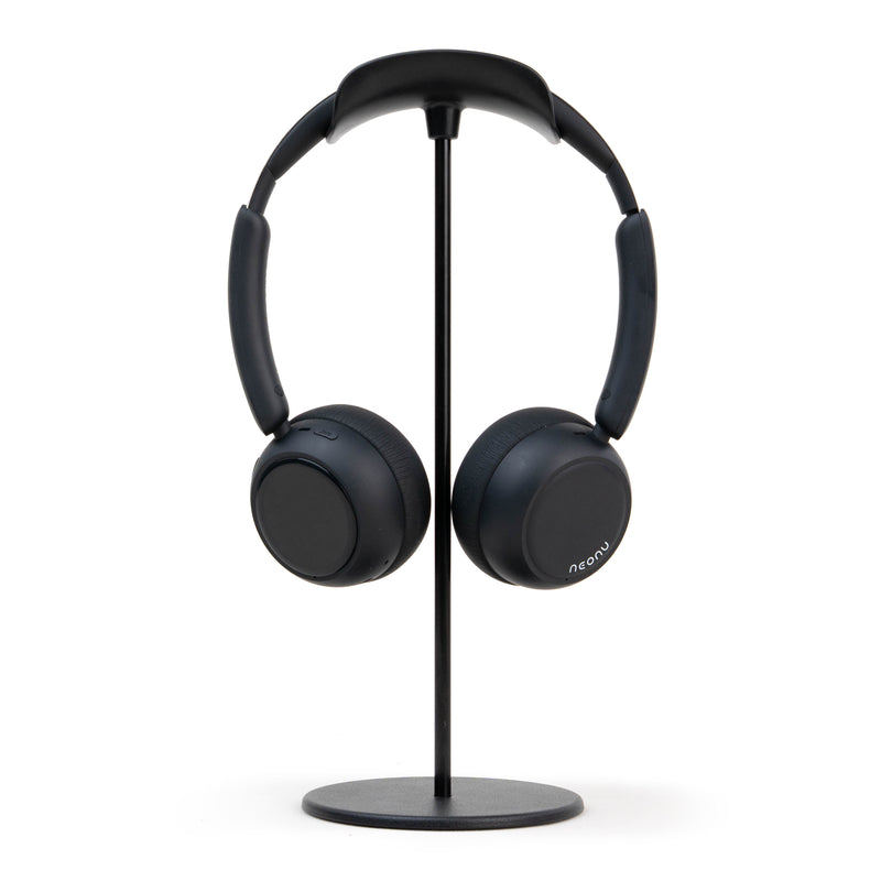 Black Custom Anime Display Headphones, rear view on a photography stand