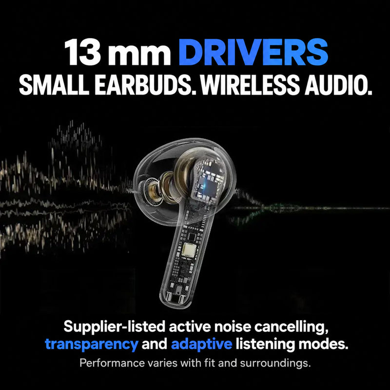 Supplier illustration of 13 mm earbud driver and noise-control modes