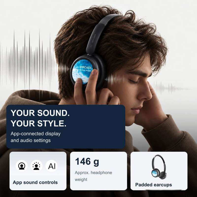 Black M1 headphones worn by a model with app sound controls and approximate weight