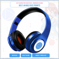 Blue Miku headphones with microSD, built-in microphone, and wired or wireless modes