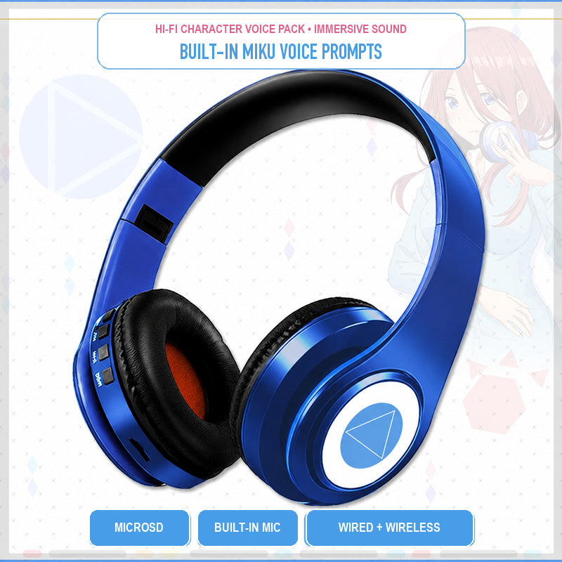 Blue Miku headphones with microSD, built-in microphone, and wired or wireless modes