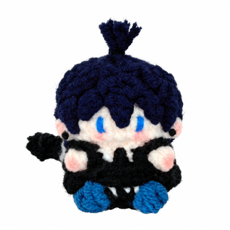 Handmade Chainsaw Man Aki Hayakawa crochet charm on a white background