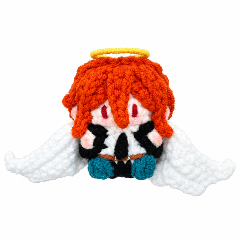 Handmade Chainsaw Man Angel Devil crochet charm on a white background