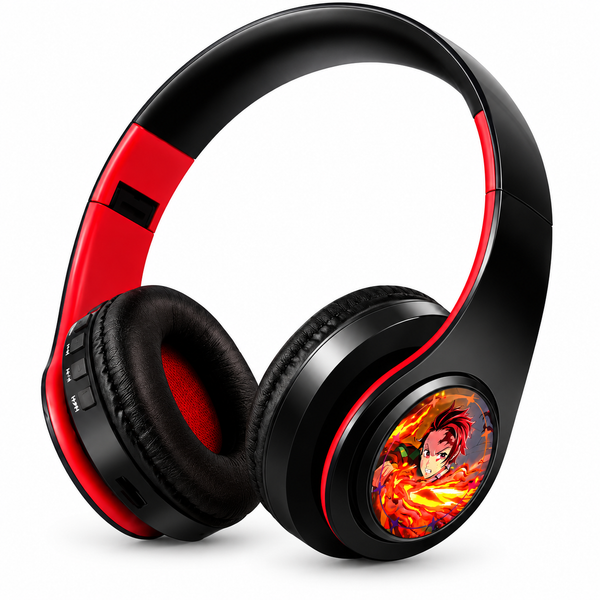 Demon Slayer Voice Headphones — red and black Tanjiro design on white background