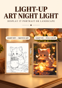 Light-up art frame shown as sketch art when off and full color when on