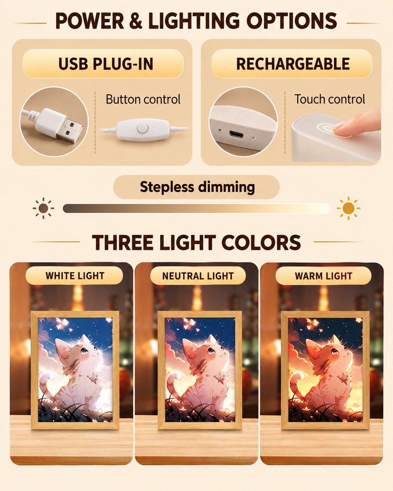 USB and rechargeable power options with three light colors