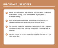 Wireless earbuds use and charging notes