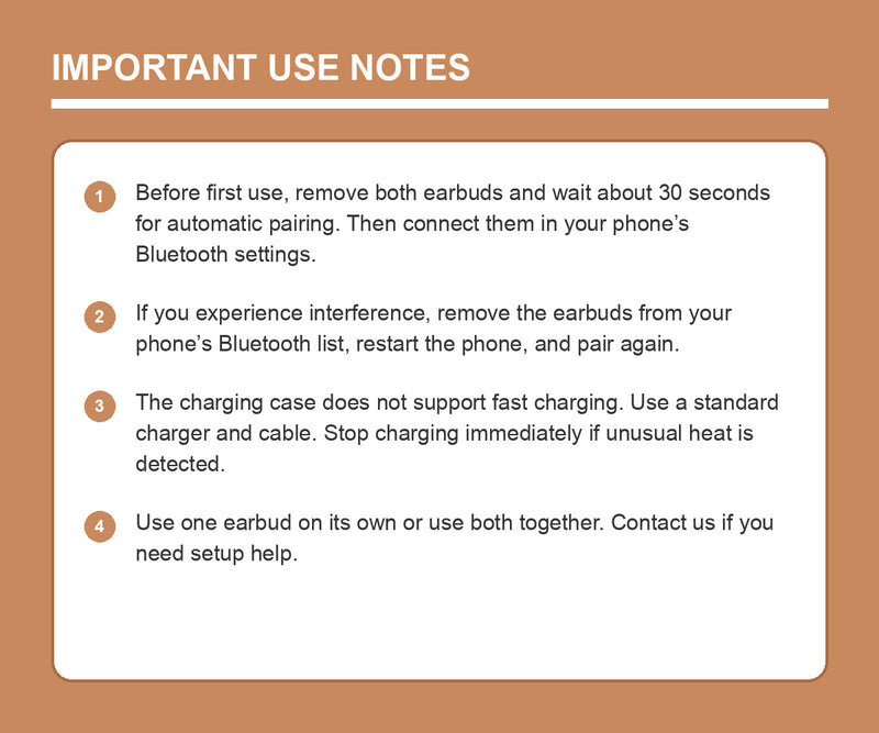 Wireless earbuds use and charging notes