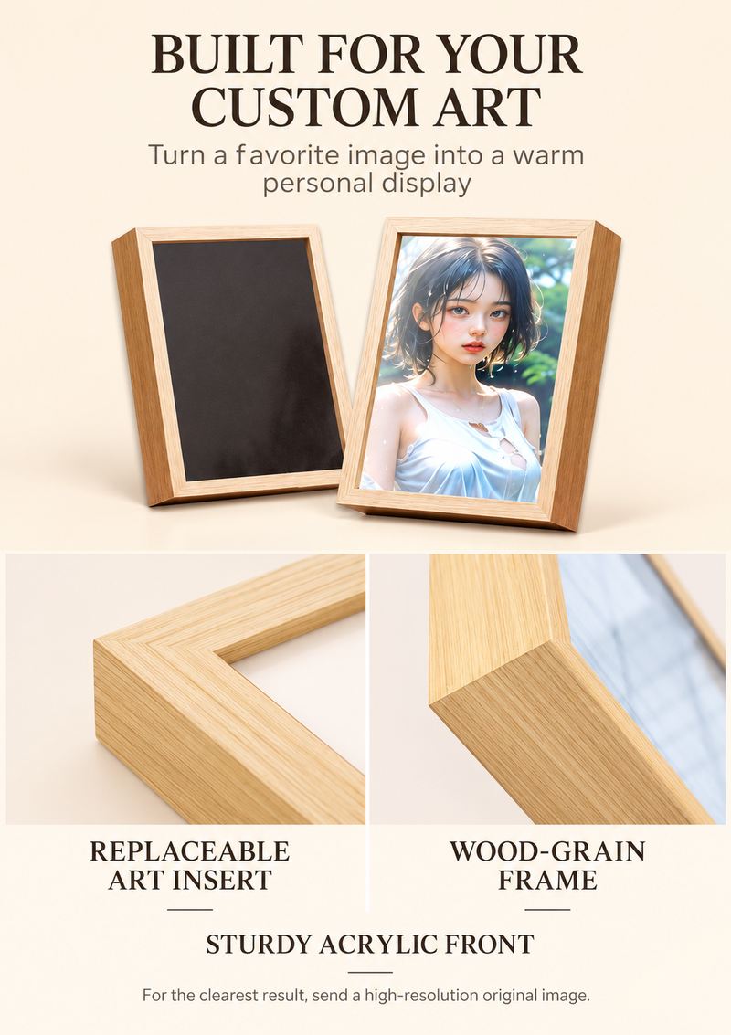 Replaceable art insert, wood-grain frame and acrylic front