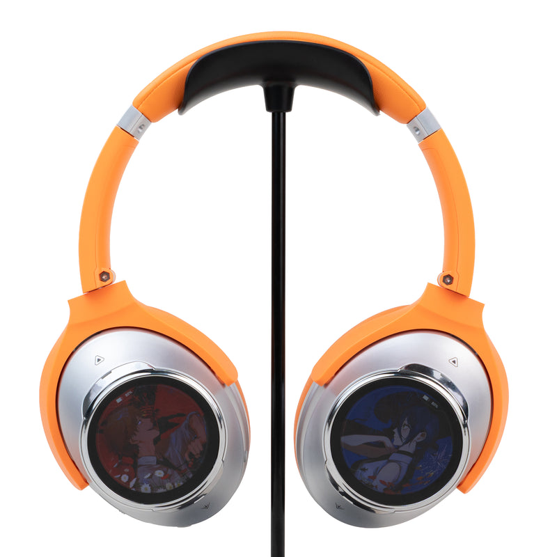 Dual-Screen ANC Headphones with Chainsaw Man artwork shown on the customizable displays