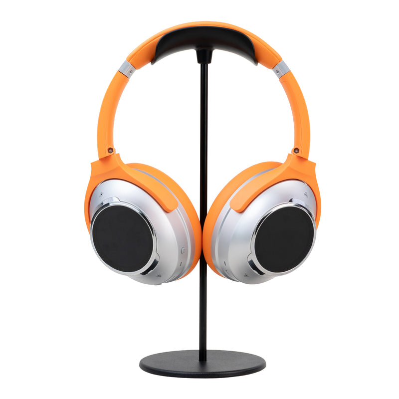 Dual-Screen ANC Headphones in orange, full front view on a photography stand