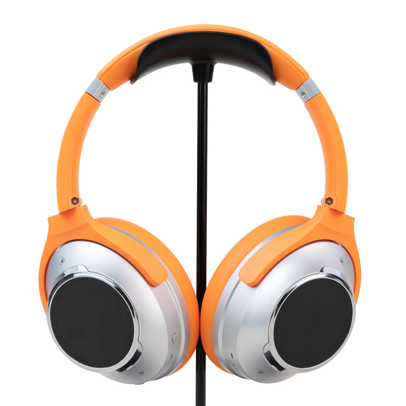 Dual-Screen ANC Headphones in orange, front view with both displays off