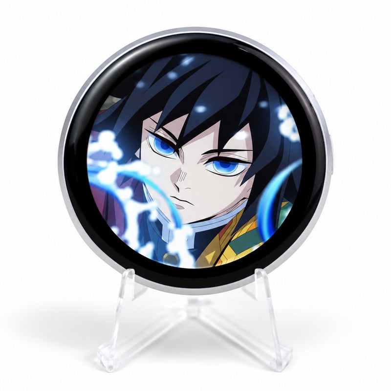 E-Badge Display showing Giyu Tomioka artwork on a clear photography stand