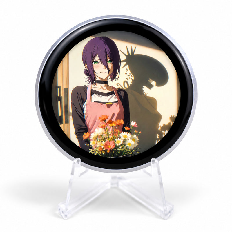 E-Badge Display showing Reze artwork on a clear photography stand