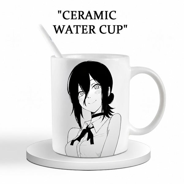 White Reze ceramic mug with a monochrome portrait and spoon