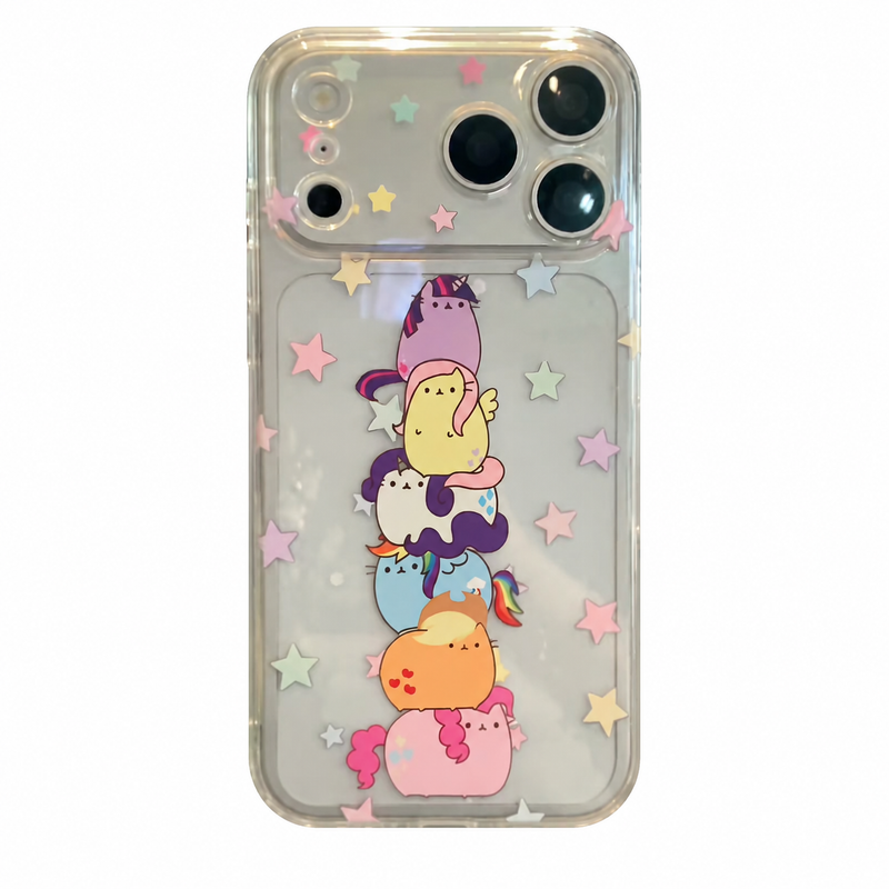 Pusheen stacked pastel unicorn cats iPhone case on a white background