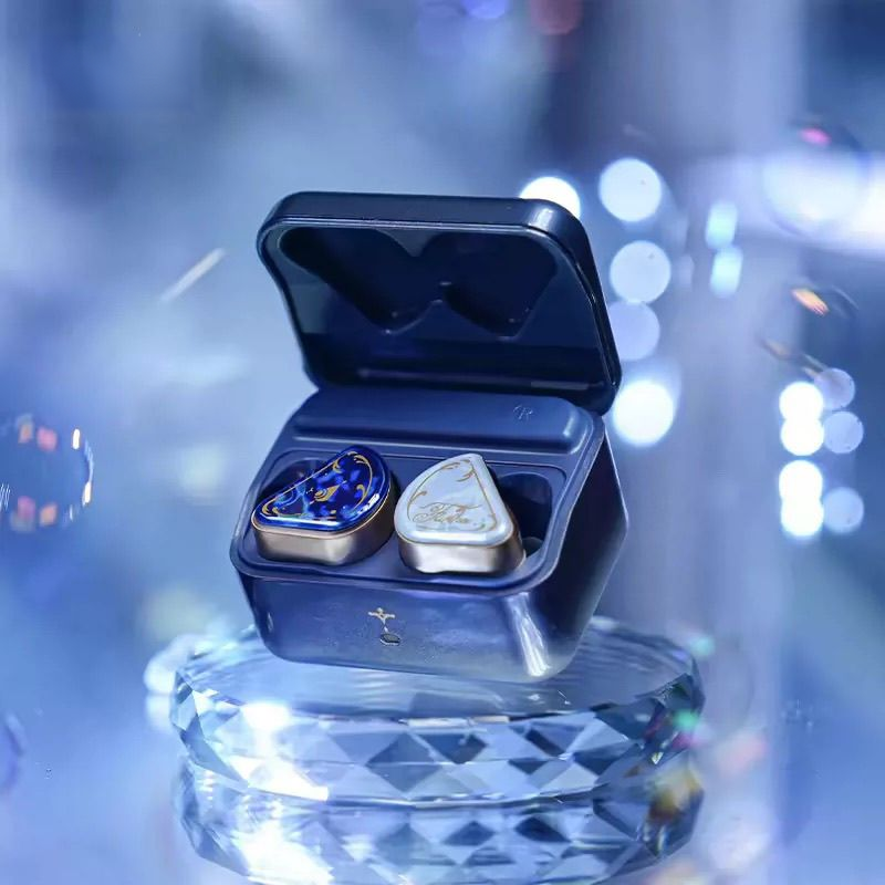 Furina wireless earbuds and open blue charging case; display pedestal is not included