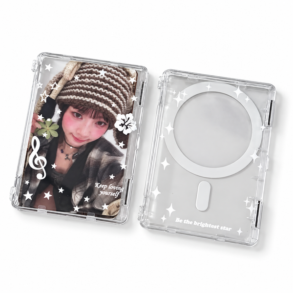 Front and rear views of the clear Music Note magnetic photo card holder