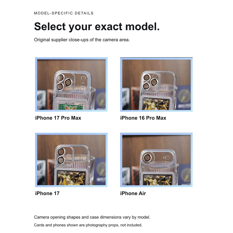 Original supplier camera-area close-ups for iPhone 17 Pro Max, iPhone 16 Pro Max, iPhone 17 and iPhone Air