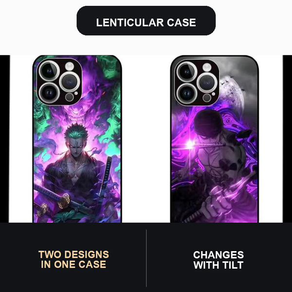 Two artwork views of the purple Zoro lenticular phone case