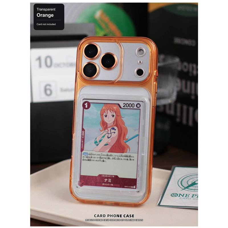 Transparent Orange trading-card display phone case; card not included