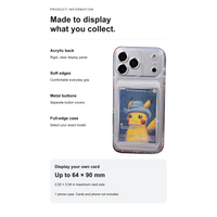 English product information: acrylic back, soft edges, metal buttons and 64 by 90 mm maximum card size
