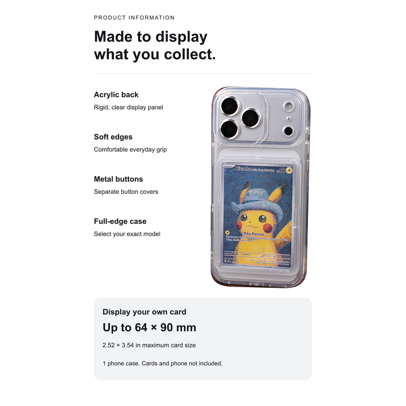 English product information: acrylic back, soft edges, metal buttons and 64 by 90 mm maximum card size