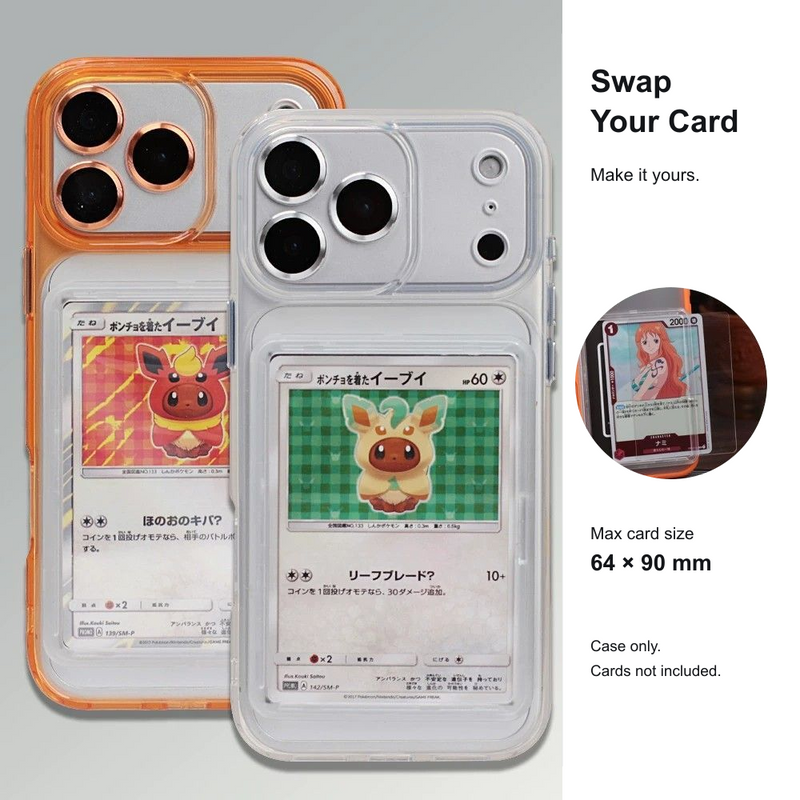 Clear and orange cases with a swappable-card example; 64 by 90 mm maximum card size